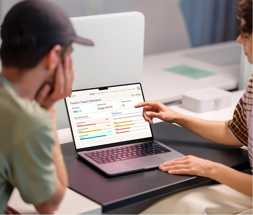 A laptop showing a literacy dashboard during a review meeting